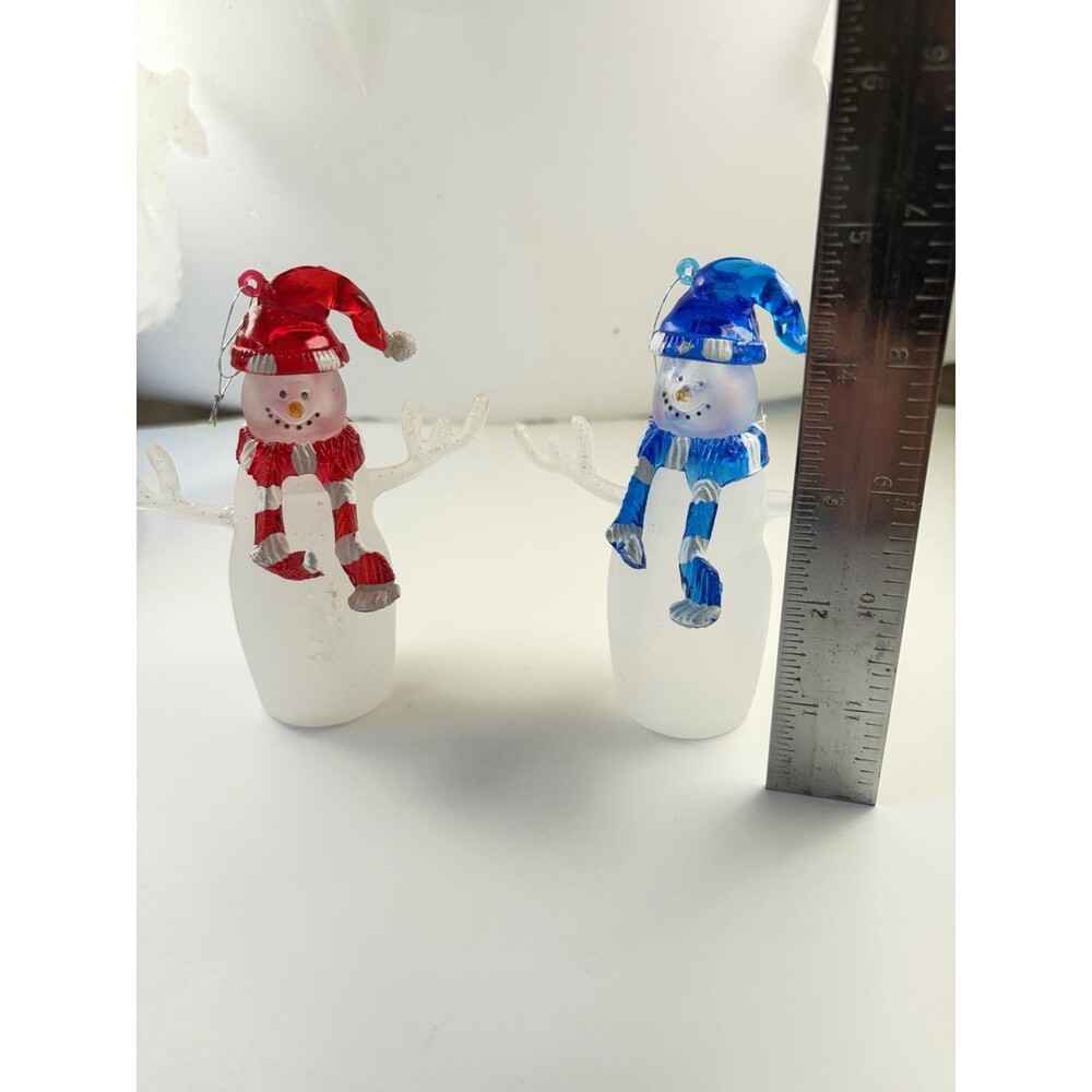Vintage Frosted Glass Snowman Ornament Set Red Blue Hats Blown Glass Pair 4 ½” - Picture 7 of 8